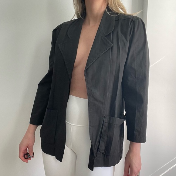 Black Collared Shirt Jacket Blazer Vintage Puff Sleeves Open Construction Medium - Picture 2 of 8